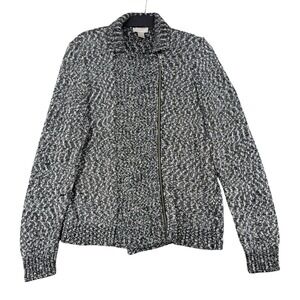 LOFT Womens XL Black White Marled Asymmetrical Zip Moto Sweater Jacket Cardigan